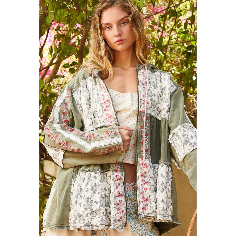 POL Olive Denim Patchwork Hoodie Jacket | Lace Patch Floral Embroidery